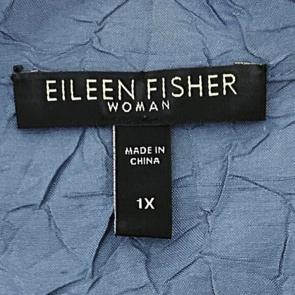 Eileen Fisher Woman Crinkled Silk Top Blue Mandarin Collar 3/4 Sleeve 1X - Picture 6 of 15